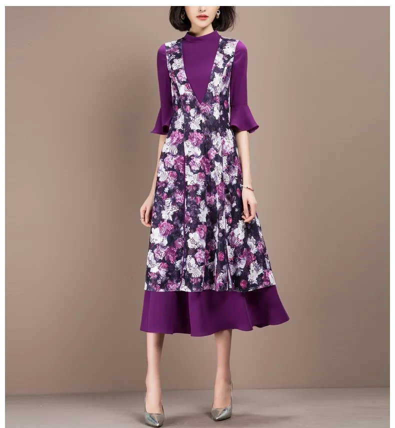 

Spring Women Dress 2 Piece Set Floral Print Ladies Flare Sleeves High Waist A-Line Summer