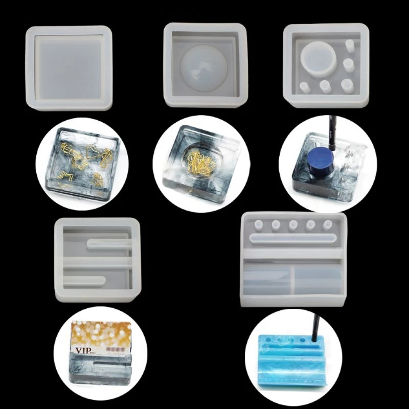 

5Pcs Silicone Mold Card Storage Pen Holder Pencil Holder Ashtray Epoxy Resin Casting Mold Office Desk Ornaments Handmade