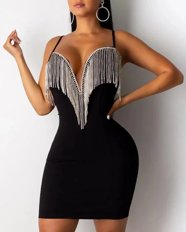 

Black Women's Dress 2021 New Rhinestone Tassel V-neck Sexy Nightclub Suspender Dress Cami Sexy Dress