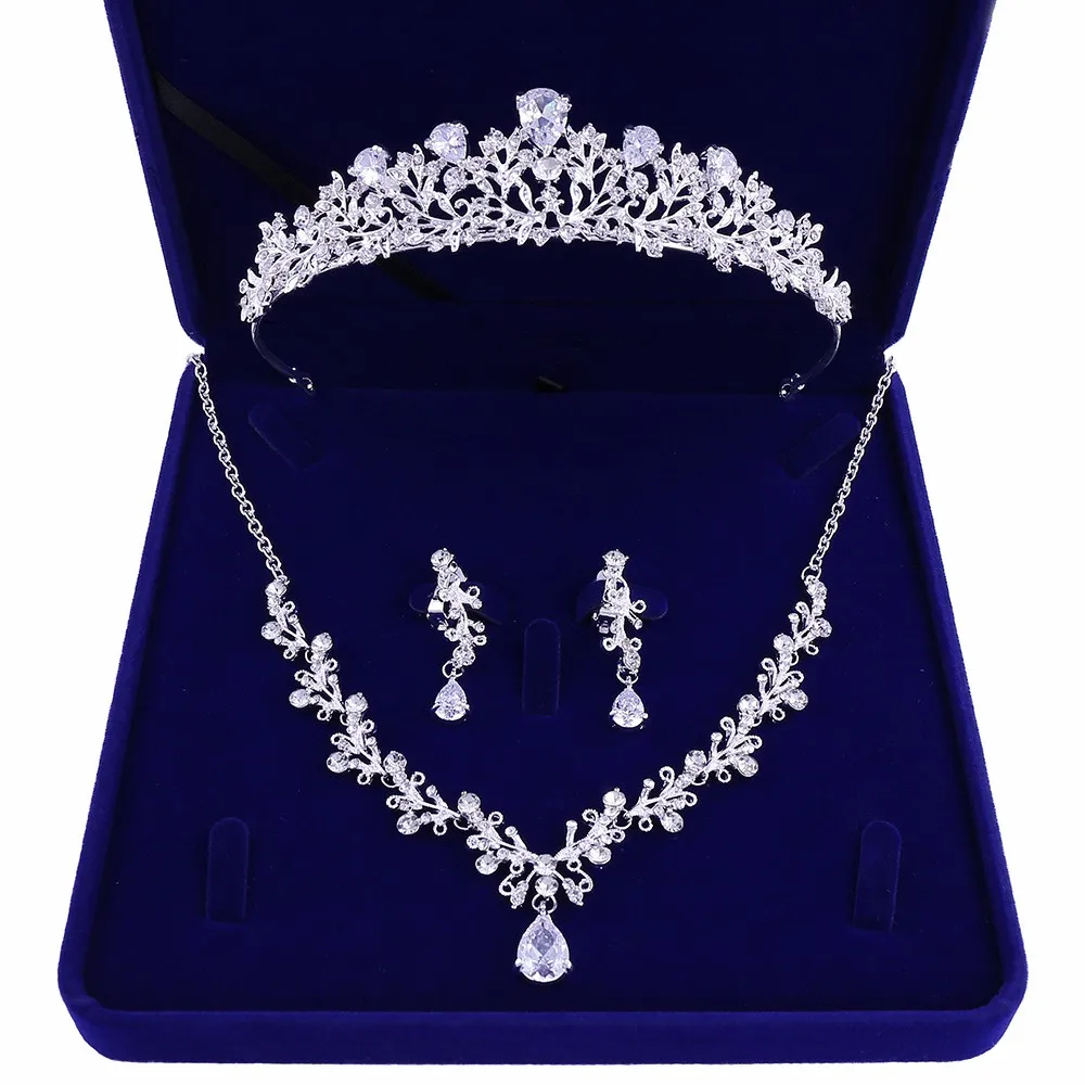 3Pcs Jewelry Set Роскошный благородный кристалл лист Свадебные Ювелирные наборы Стразы Корона Диадемы ожерелье серьги набор для невесты Африканский бисер ювелирные наборы - Окраска металла: 3Pcs Jewelry Set