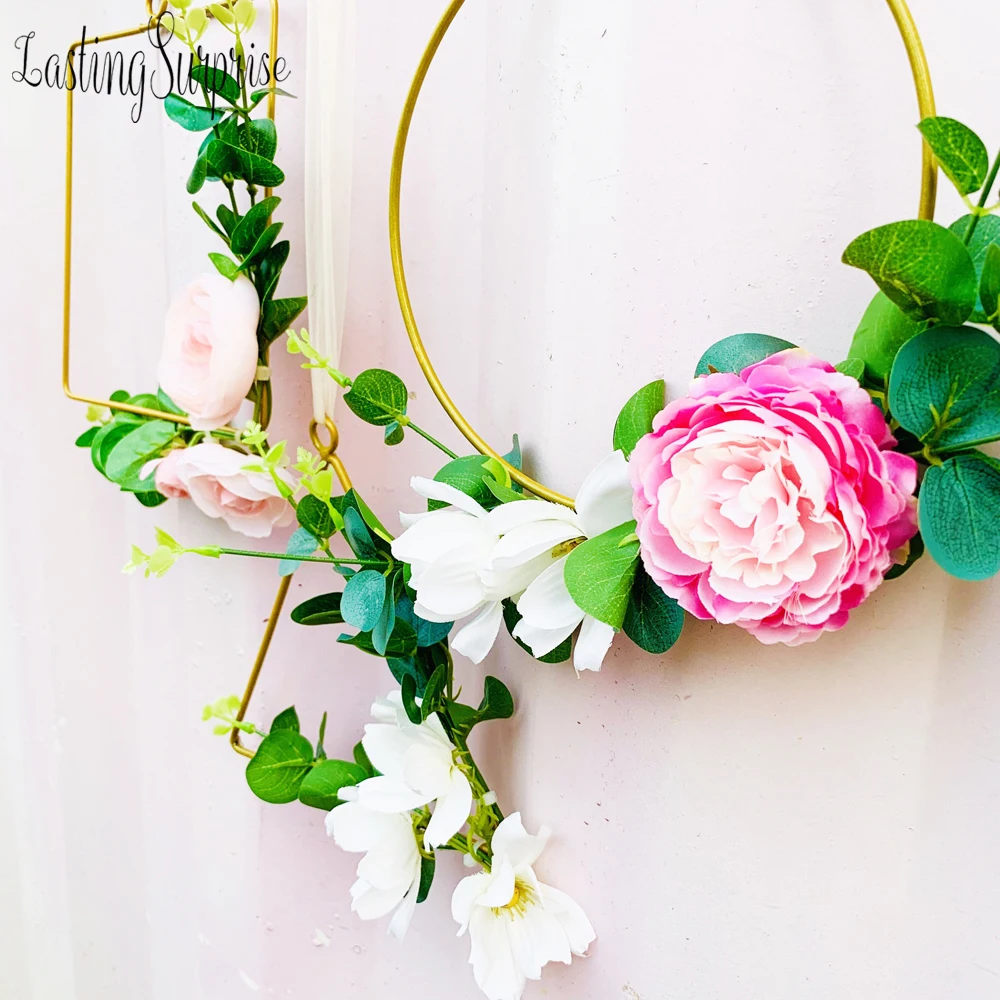 INS Gold Metal Hoop Flower Wreath Garland Wall Hanging Artificial Wedding Home Decoration Simulation Plant Ring | Дом и сад