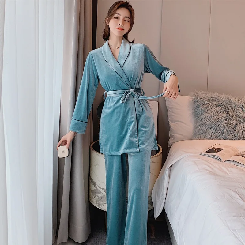 

Velvet Pajamas Set Women Sexy Pyjama Long Sleeve Shirt Pants Homewear Gold Velour Belt Sleepwear 2Piece/Set