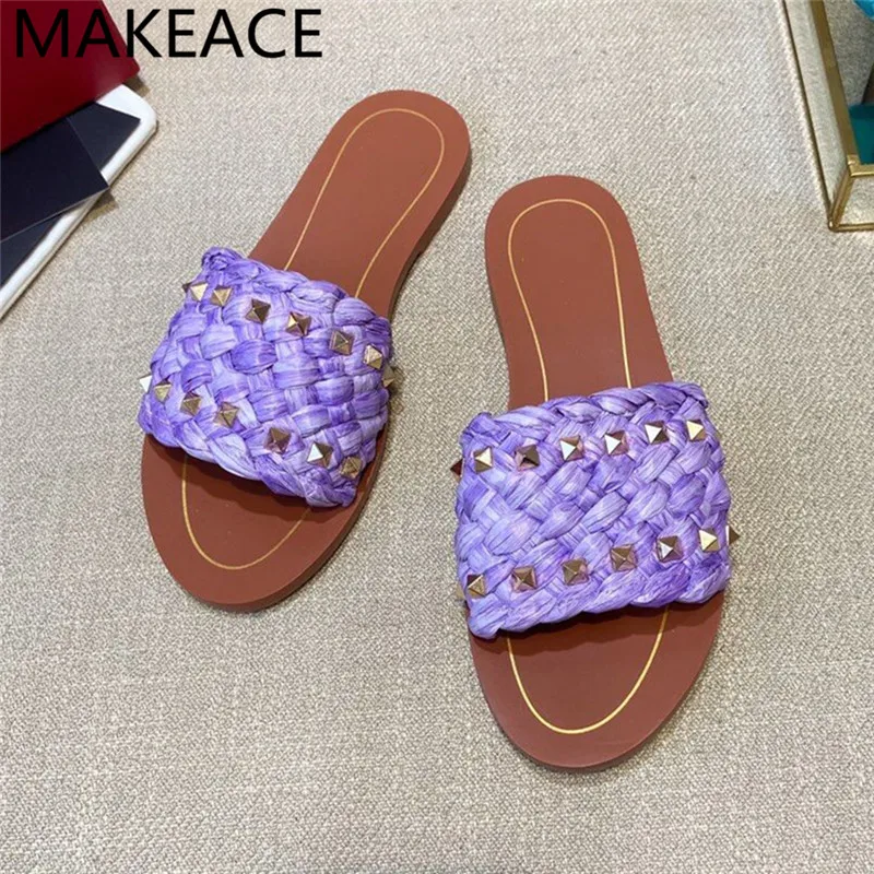 

Summer Cane Braided Slippers Women Rivet Mules Flats Beach Shoes Woman Casual Comfort Slides Ladies Weave Women's Slippers 2021