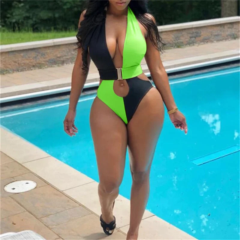 

2021 Solid Color Splicing Swimsuit Hollow Out Bikini Swimwear For Women Backless One-Piece Brazilian Bikini V Neck Bathing Suit