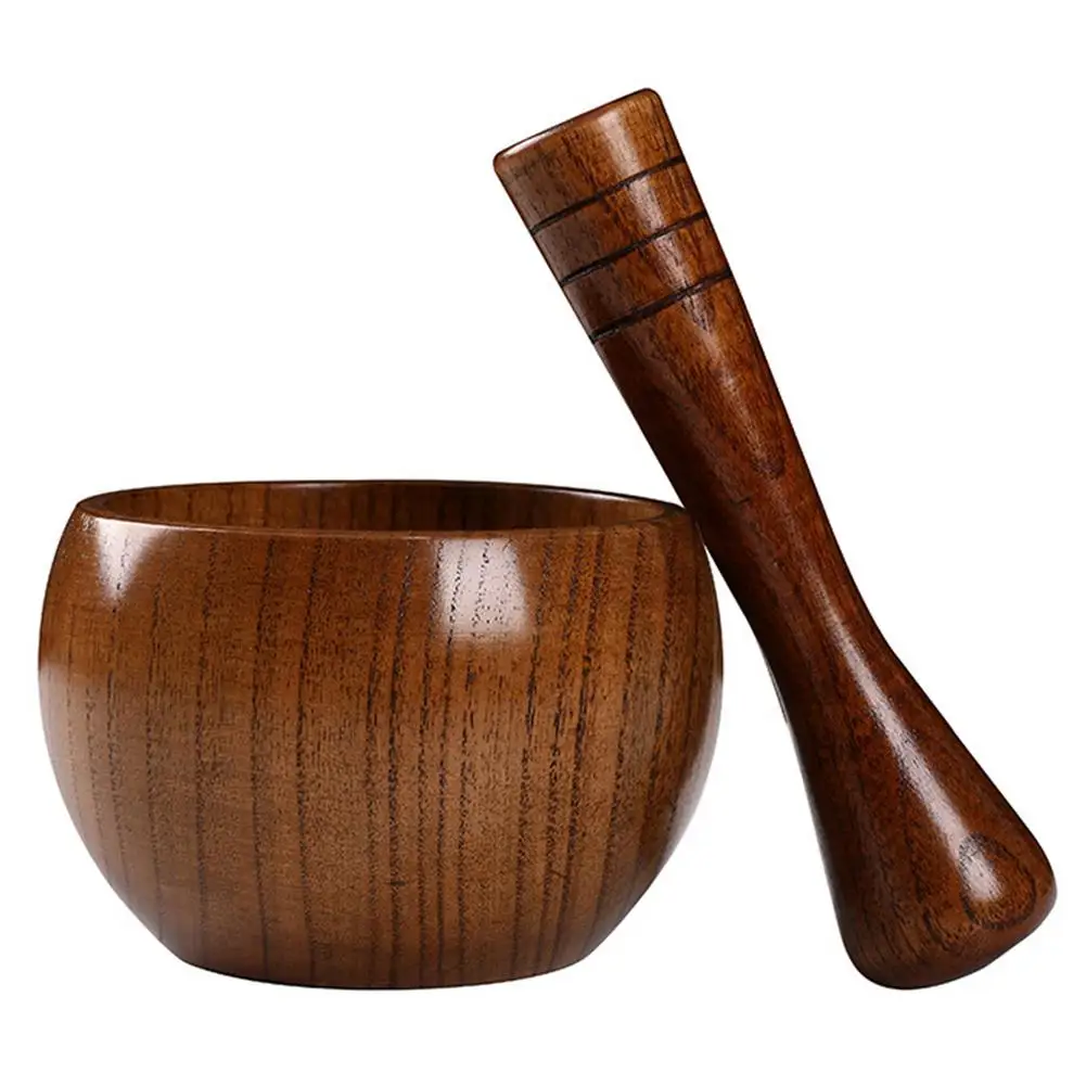 

Pounded Garlic Jar Mortar Old Fashion Wooden Grinder Round Smooth Hand Polished Pestle Set For Grind Herbs Spices Grains Pepper