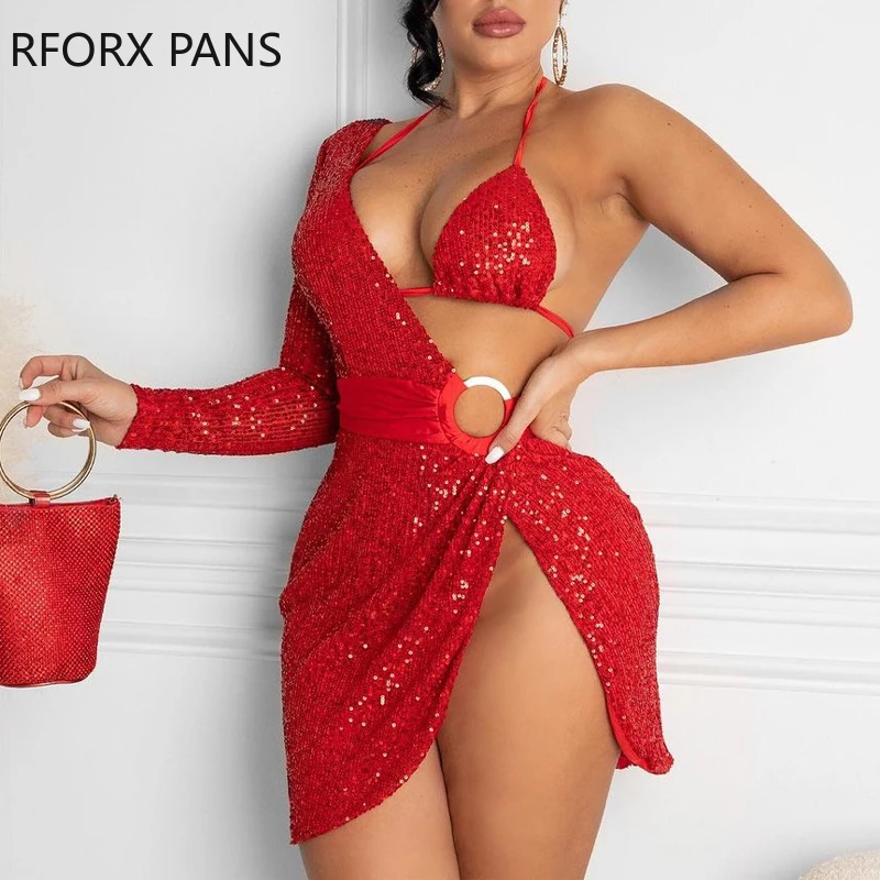 

Women Solid Halter Backless Sequins High silt Asymmetrical One Shoulder Sleeves Bodycon sexy Mini Red Dress