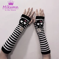 harajuku punk women long fingerless gloves gothic fashion skull striped long arm gloves warmer knitted mittens