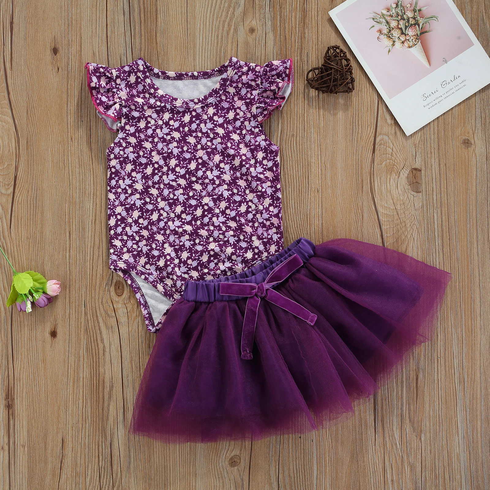 

2Pcs Baby Summer Outfits, Floral O-Neck Ruffle Sleeves Romper + Elastic Tutu Skirt with Bowknot for Girls, 0-24 Months