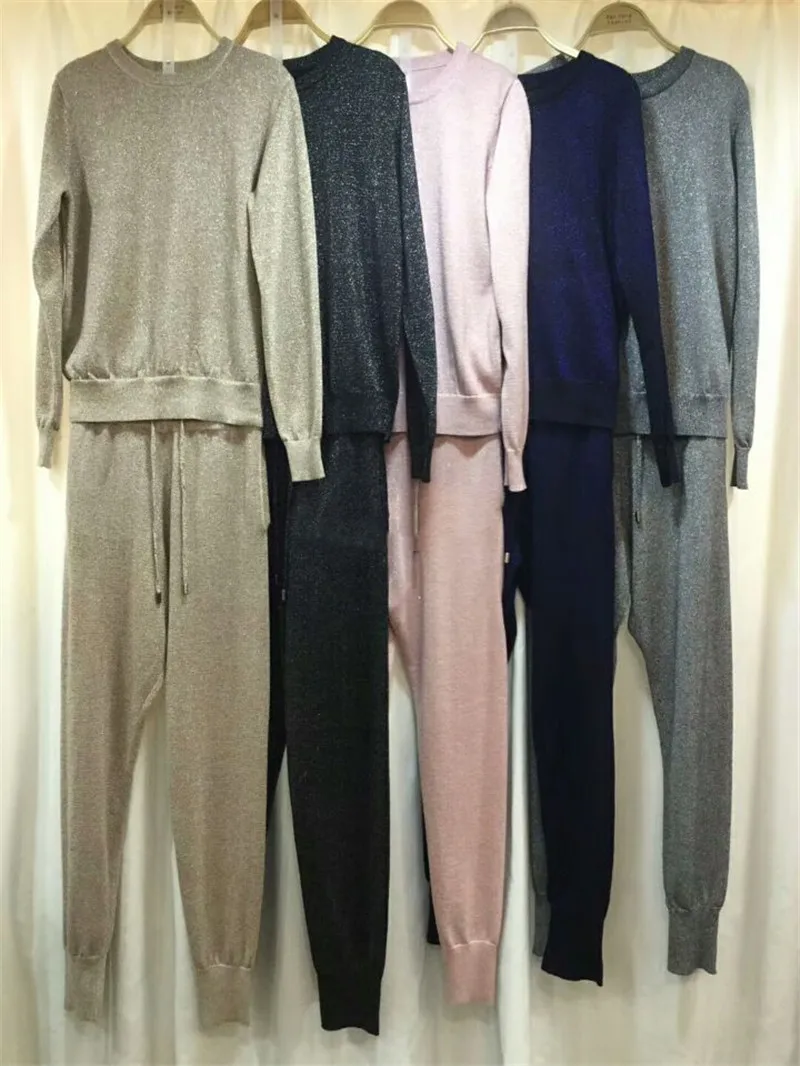 

Trousers Promotion O-neck Drawstring 2020 New Women's Knit 2 Piece Set Thread Round Neck Pullover Sweater And Casual Navy Full