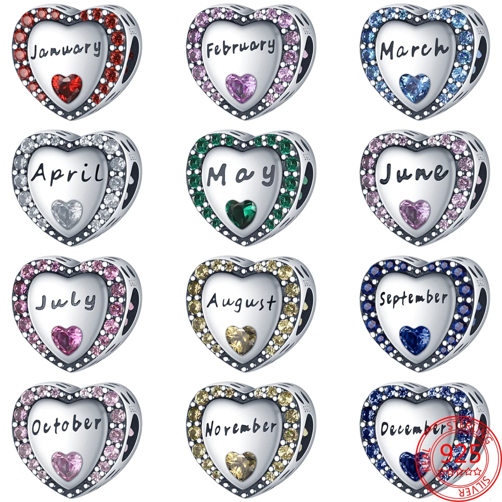 

New 925 Sterling Silver Fine Month Multicolor Heart-Shaped Zircon Bead DIY Charm Fit Pandora Bracelet for Women Jewelry Gift