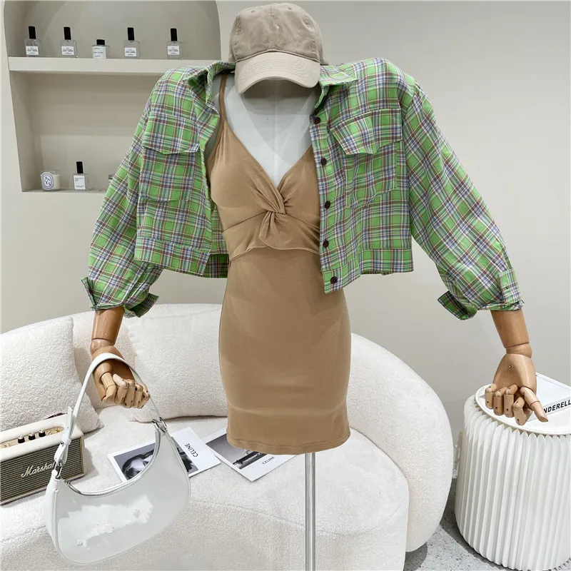 

Women's Spring Summer 2021 Niche Design Fashion Single Breasted Shoulder Pad Plaid Shirt + Kink Sling Dress Set