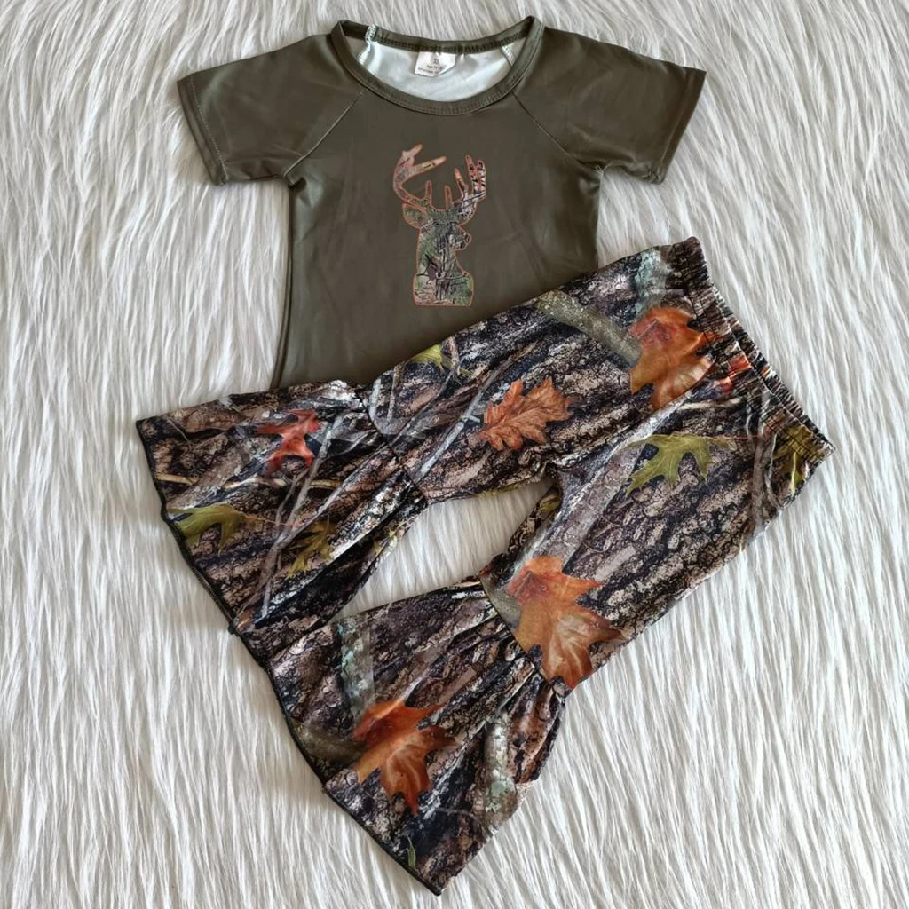 

2pcs Summer Kid Toddler Baby Girl Clothes Sets 1-6Y Short Sleevele Top Camo Deer Bell Pants Outfit Set Sports Clothes