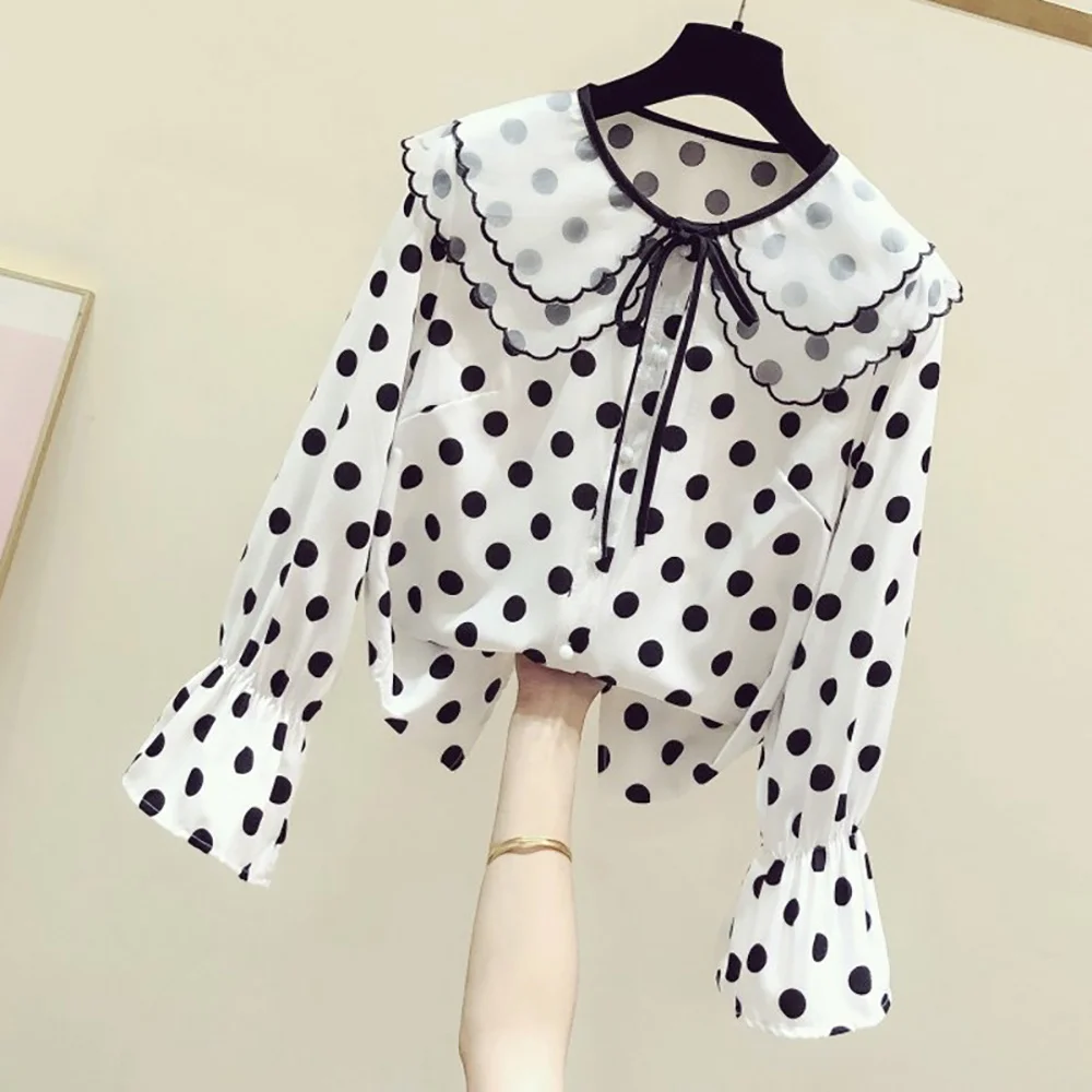 

Elegant Ruffles Dot Doll Collar Pearl Button Up Chiffon Women Blouses Fashion Loose Long Flare Sleeve Shirts Spring Autumn Tops