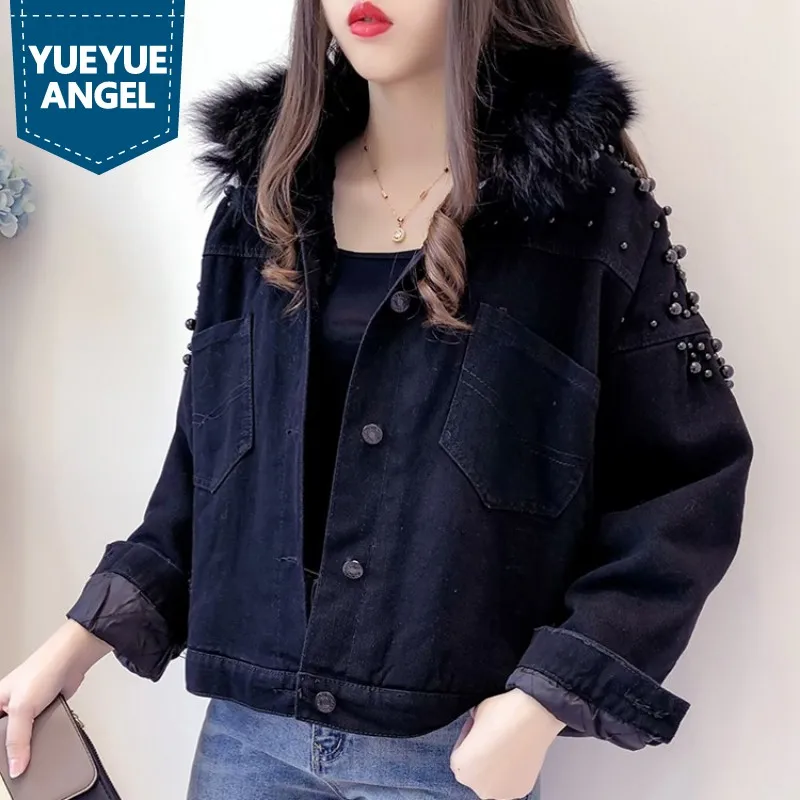 

Женская джинсовая куртка с меховым воротником, Короткая свободная джинсовая куртка с бусинами, верхняя одежда, Зимние флисовые куртки с под...