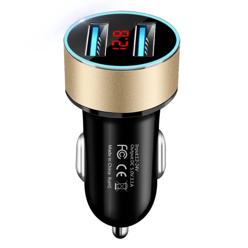 Gold Автомобильное зарядное устройство с двумя USB 3,1 А, цифровой светодиодный дисплей, автомобильное зарядное устройство для Xiaomi iphone, смартфонов, планшетов, QC 3,0, USB адаптер для быстрой зарядки - Тип штекера: Gold