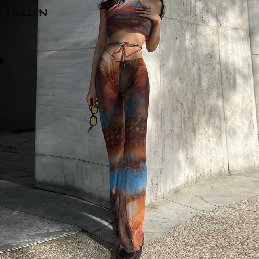 

Yiallen Summer Art Printed Women Skinny 2Piece Set Halter Sleeveless Crop Top+Bandage Pants Thin Trend Stretch Matching Suit