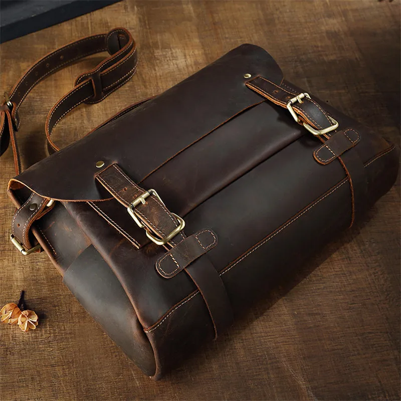 Crazy horse cowhide men's briefcase vintage natural genuine leather messenger bag business casual office work laptop handbag