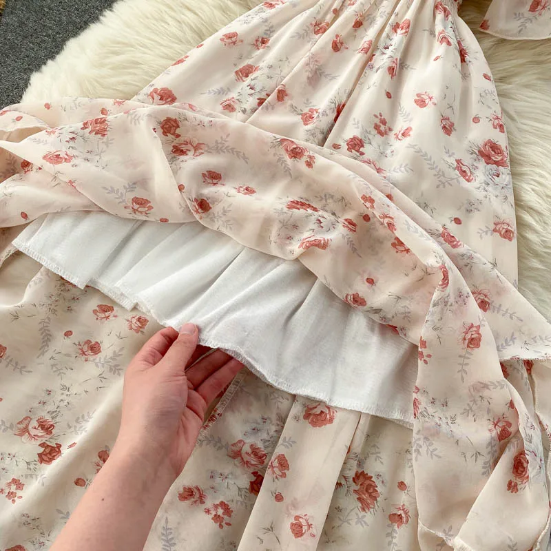 

2021 Summer Women Ruffled Short-sleeved Chiffon Dress V-neck High Waist Floral Print Beach Midi Dresses Backless Sexy Vestidos