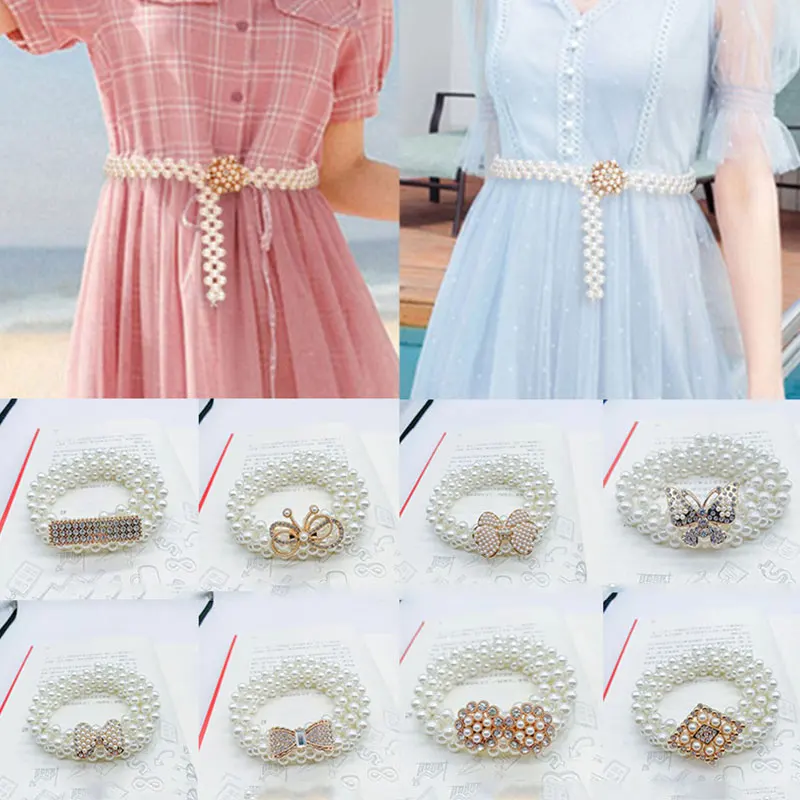 

1PC Elegant Pearl Crystal Belt Waist Flower Elastic Buckle Chain Girdle Women Female Girls Dress Crystal Strap Waistband Belts