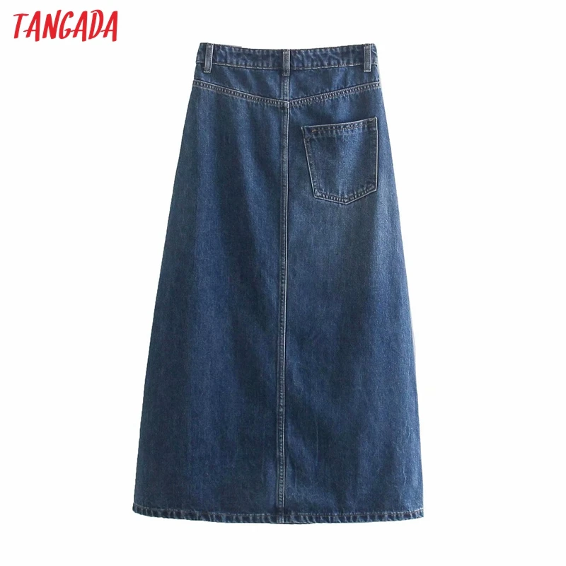 

Tangada 2021 Fashion Women Dark Blue Denim Long Skirt Faldas Mujer Vintage Ladies Elegant Chic Mid Calf Skirts 4M121