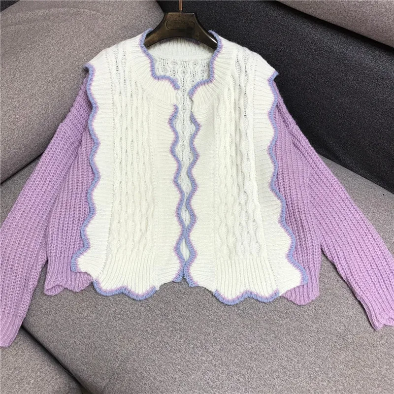 

Роскошный брендовый дизайнерский вязаный свитер для женщин, Свободный вязаный кардиган контрастных цветов с круглым вырезом и длинными ру...