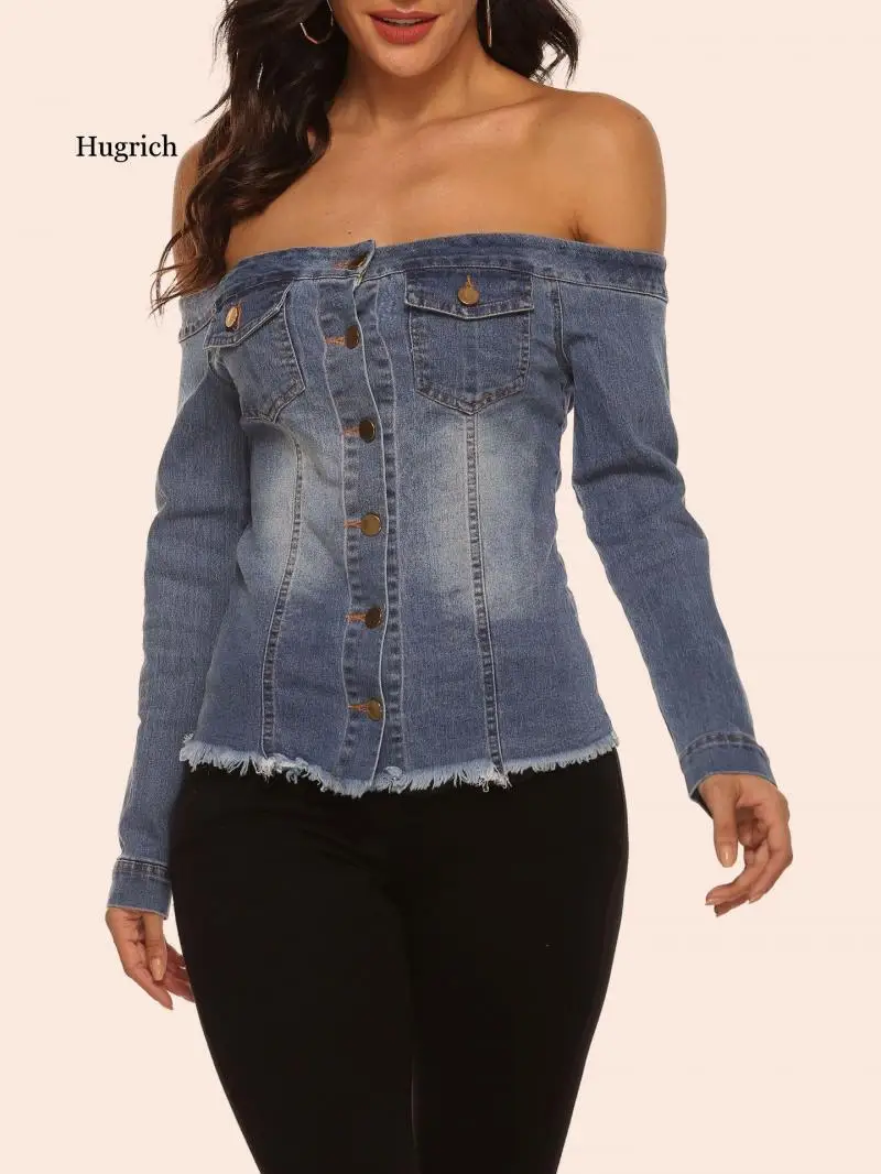 

Women Blouse Chic Denim Women Shirt Spring Summer Long Sleeve Sexy Off Shoulder Button Double Pocket Jean Distress Women Tops