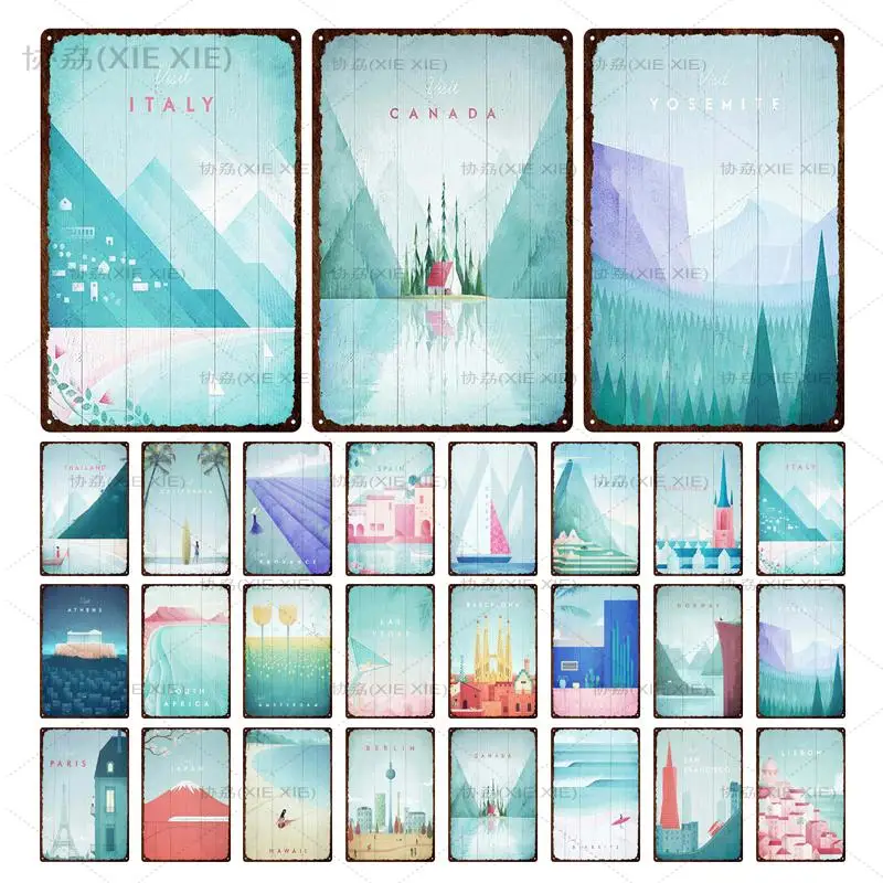 

Blue Purple Cartoon Landscape Metal Tin House Castle Beach Sign Metal Wall Decor Plaque For House Office Hotel Iron Painting