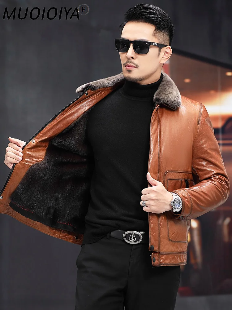 

MUOIOYIA 100% Goat Skin Coat Men Winter Warm Real Mink Fur Liner Jacket Leather Thick Streetwear Fahsion Men's Clothing WPY4425