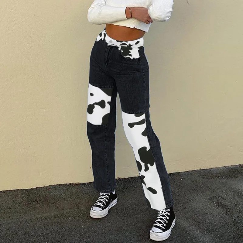 

Women's Pants 2021 Summer New Fashion street Casual High Waist Splicing Contrast Color Thin Straight Trousers Jeans Female y2k