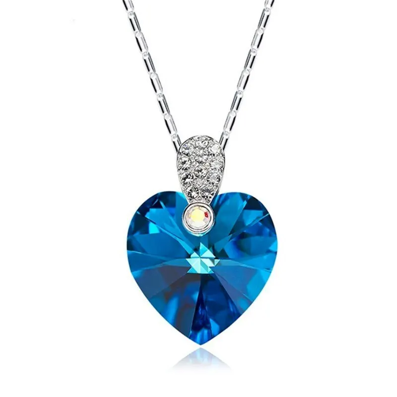 

Silver Heart Embellished with Crystals Pendant Necklace Women Chain Necklaces Wedding Jewelry Collares Gift