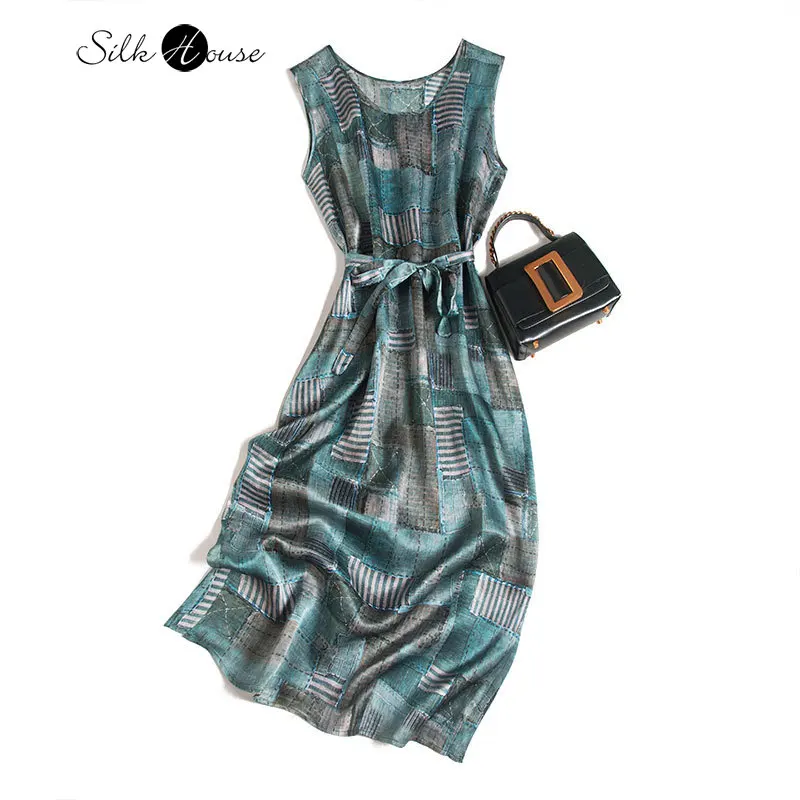 

Retro Oil Painting Silent Vest Silk Dress Spring and Summer Silk Sleeveless Skirt