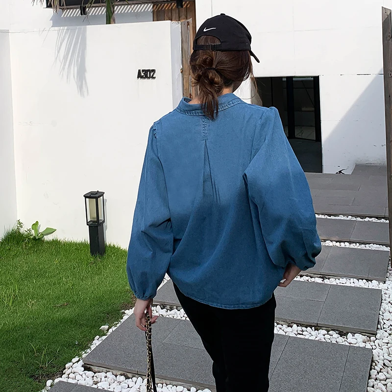 

Women Autumn Korean Denim Shirt Casual Chic Loose Elastic Cuffs Long Puff Sleeved Cotton Outwear
