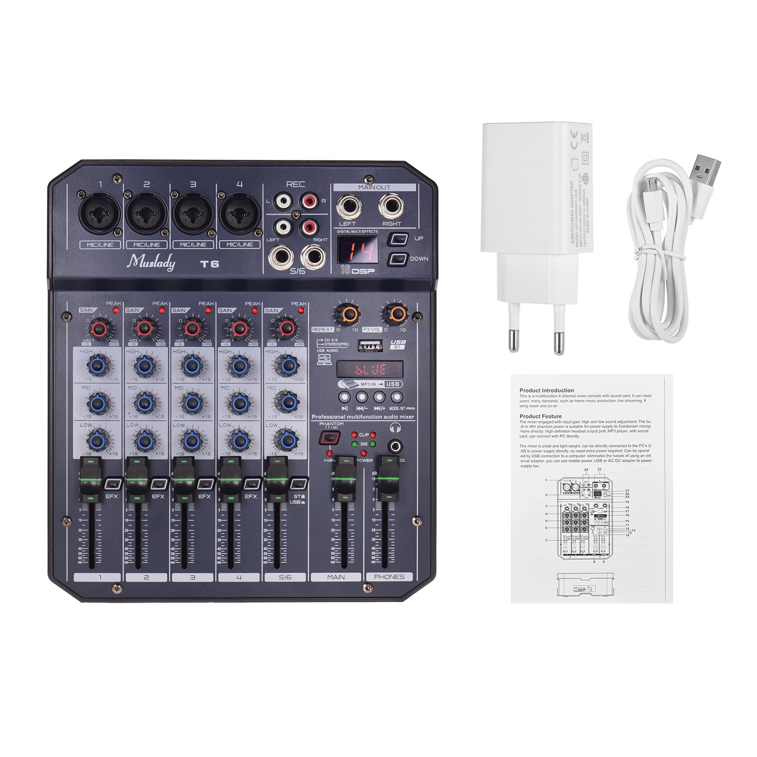 Muslady T6 Портативный 6-канальный звуковая карта микшерный пульт звукомикшер