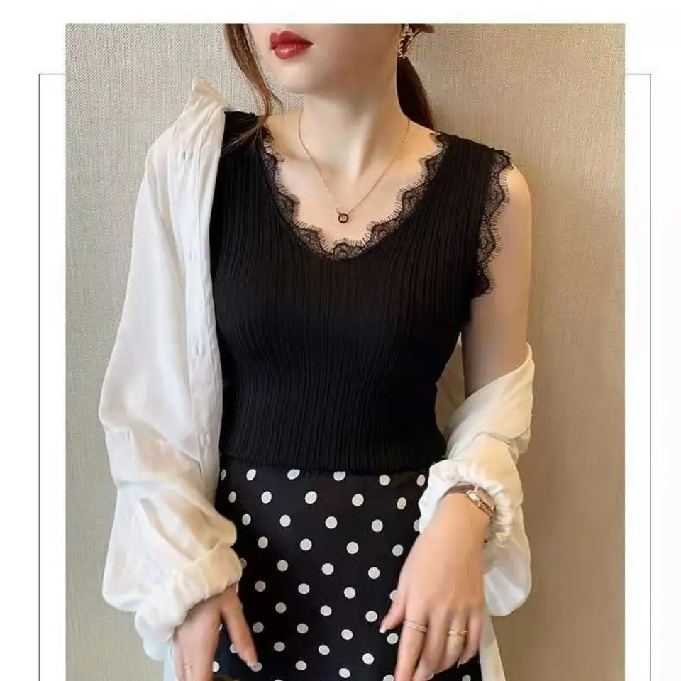 

Women 2021 Summer Fashion Solid Color Lace Vest Tops Female Knit Bottom Sleeveless Tops Ladies Ice Silk Short Vest Tops L180