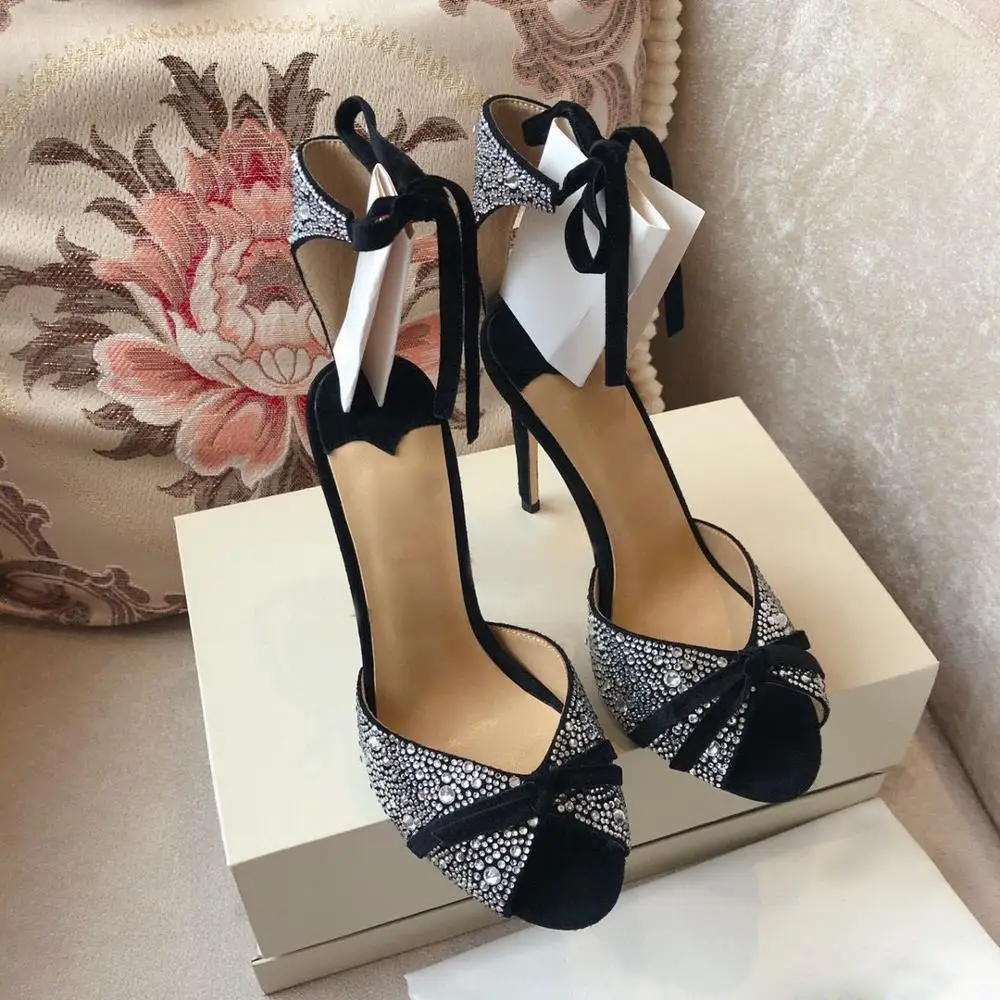 

Ankle Strap Sandals Rhinestone Thin High Heels Hot Designer Rhinestone Sandals Genuine Leather Open Toe Shoes Women Party Shoes