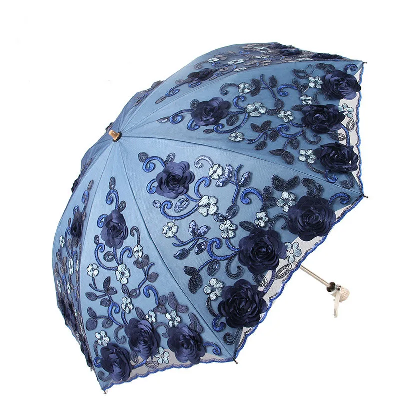 

Women Two-fold Sunny Umbrella Double-layer Lace Umbrella Embroidery Umbrella Vinyl Anti-ultraviolet Umbrella Folding Umbrella