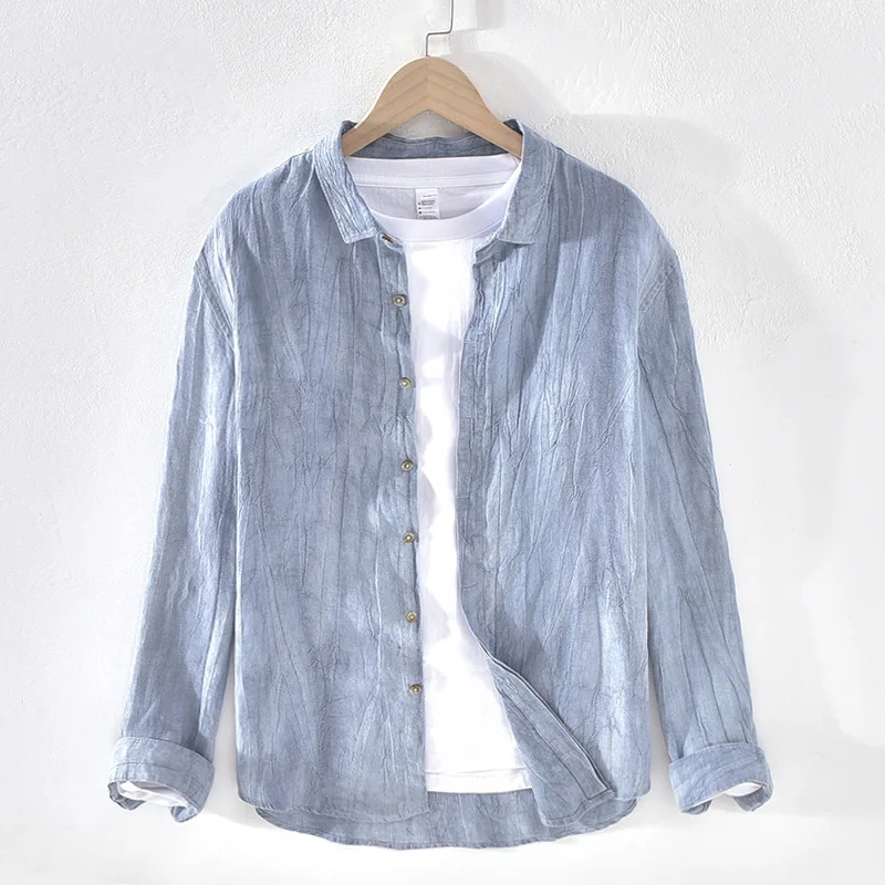 Рубашка мужская воздухопроницаемая винтажная сорочка из 100% льна мягкая дышащая