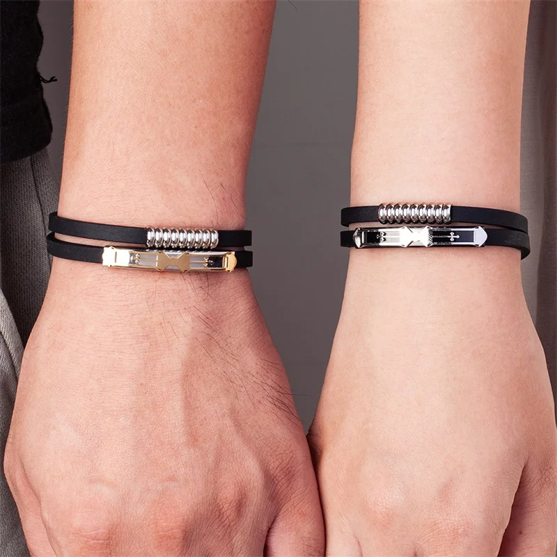 

Couple Bracelet Cross Stainless Steel Accessories Double Layer Silicone Bangles Black Strap Romantic Fashion Men Women Wristband