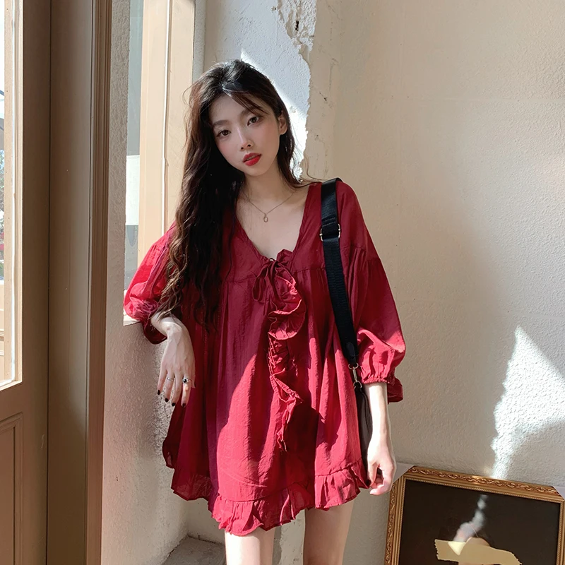 

Harajpee Red Nightgown Girl French Ruffle Lace with Elegant Temperament Can Be Worn Out Summer 2021 Home Clothing Comfortable