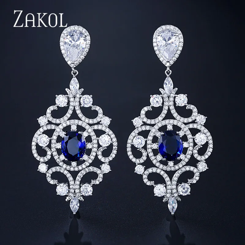 Blue ZAKOL элегантная люстра AAA+ кубический цирконий большой кристалл свадебные Висячие серьги для женщин Роскошные свадебные ювелирные изделия FSEP2320 - Окраска металла: Blue