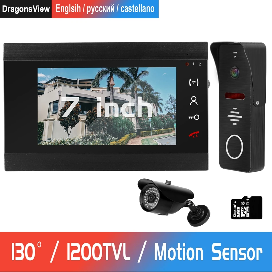 Проводной видео-телефон двери 130 ° Широкий формат дверной звонок Камера с CCTV Камера Поддержка запись детектора движения 7 дюймов вызывное устройство с дверным звонком