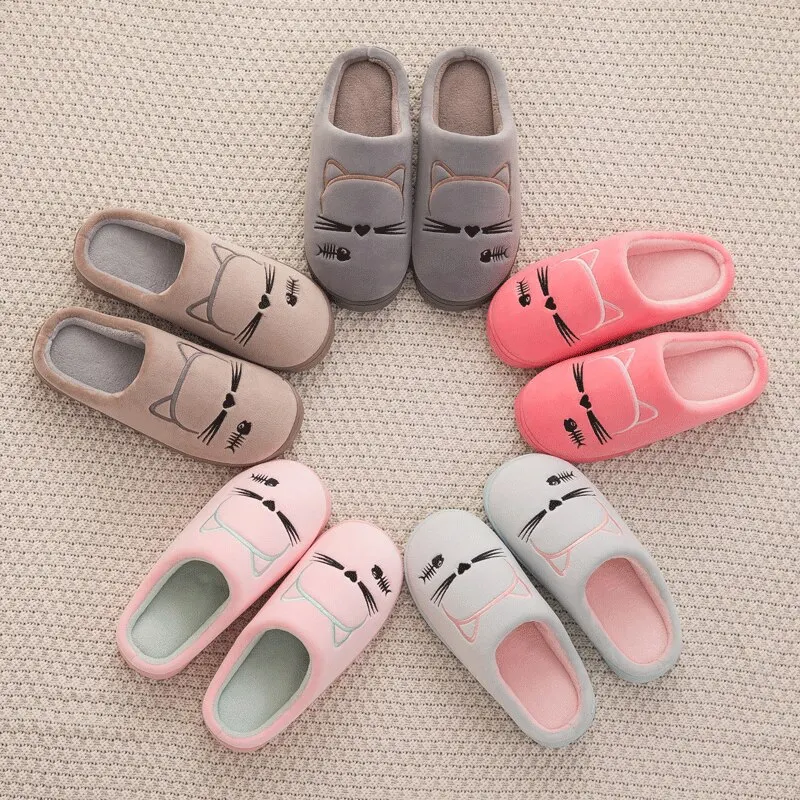 Women Winter Home Slippers Cartoon Cat Shoes Non-slip Soft Warm House Slippers Indoor Bedroom Lovers Couples Shoes
