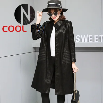 

Women Streetwear Genuine Leather Sheepskin Coats Vintage Printed Windbreakers Autumn 2021 Slim Fit Elegant Overcoat Plus Size