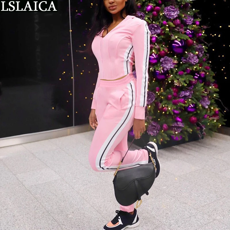 

Clothes Women Patchwork Zipper Pocket 2 Piece Set Elastic Waist Fashion Hooded Collar Fitness Tracksuit Roupas Femininas