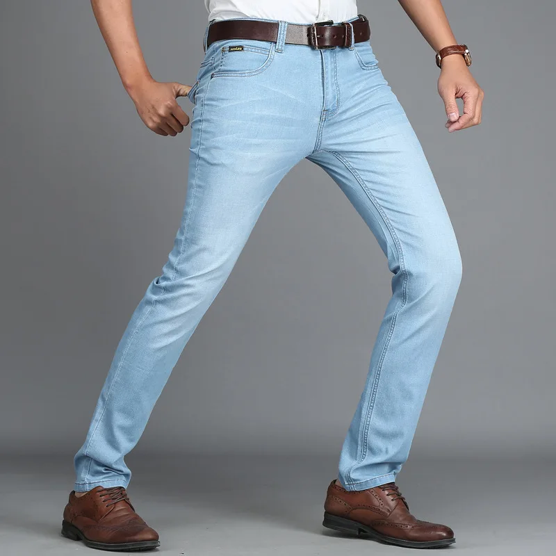 

Spring and Summer New Men's Stretch Jeans Middle-aged Thin Business Straight Embroidery Trousers