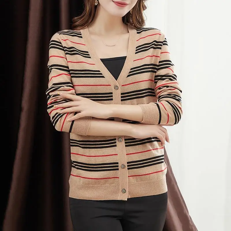 

Striped cardigan women's loose wear fall 2020 new long sleeve top thin knitwear short sweater jacket