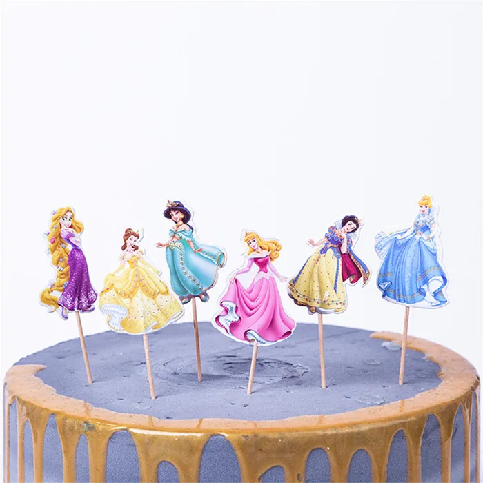 Cake Topper-24PCS Шесть принцесс Белль Аврора ребенок девочка прекрасный день рождения пакет события вечерние Рапунцель чашки пластины маска ребенок душ одноразовые наборы посуды - Цвет: Cake Topper-24PCS