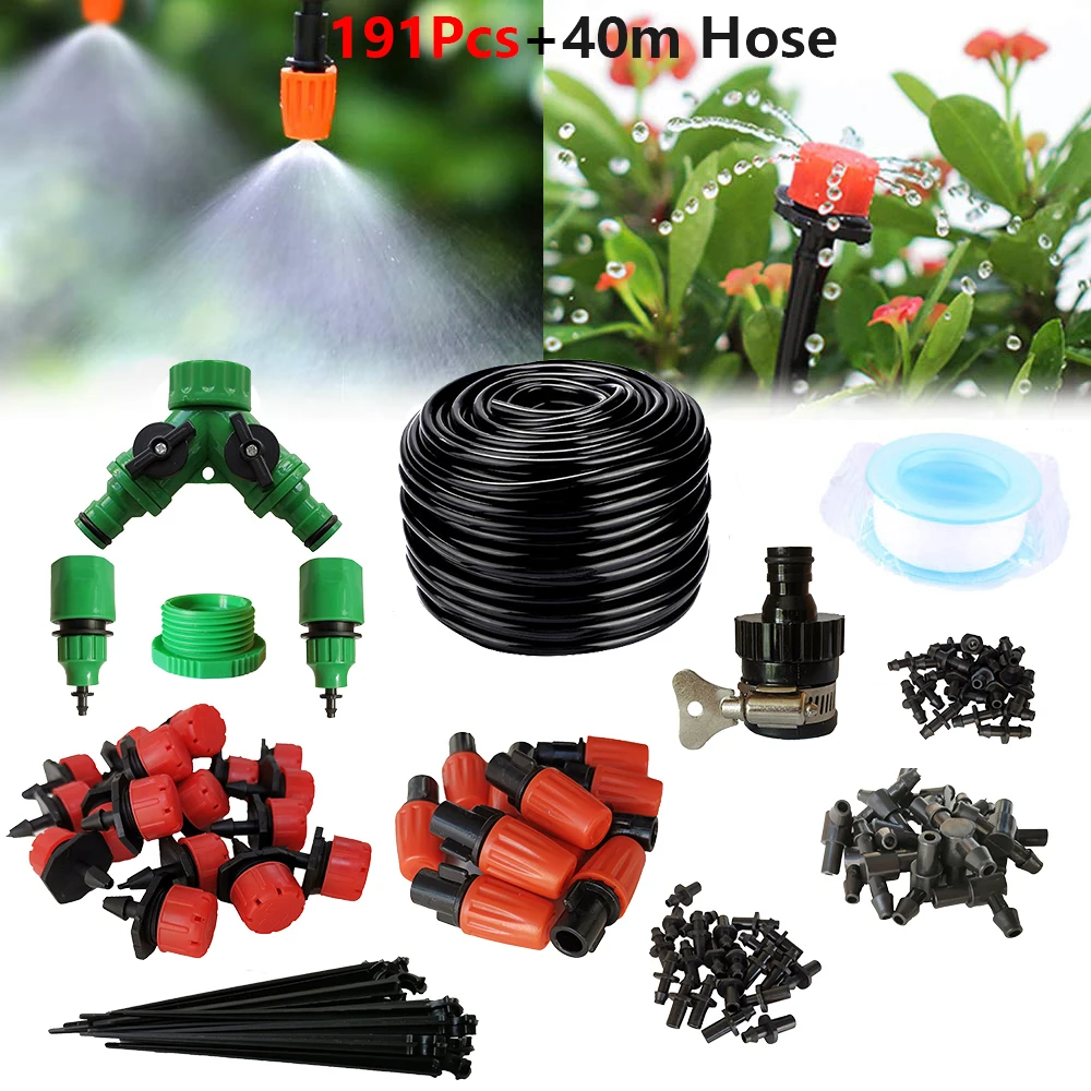 

40M 1/4" Micro Drip Irrigation Kit,Patio Plant Watering Kit Garden Mist Cooling Irrigation System With Adjustable Nozzle