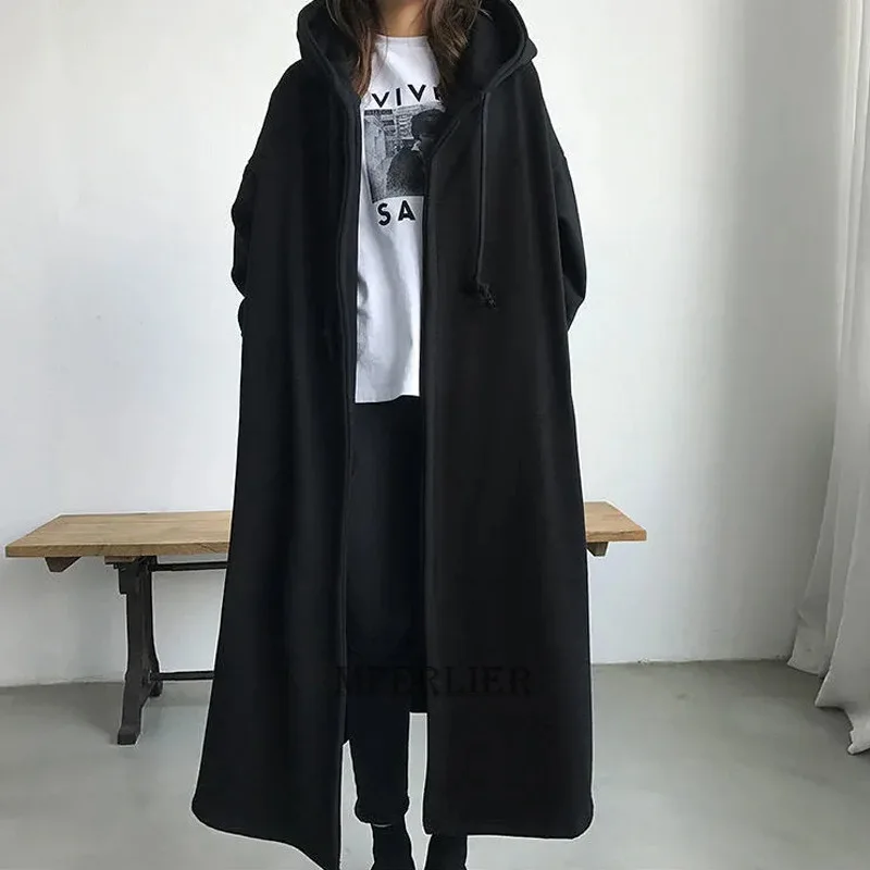 

Size 4XL 150kg Women Fleece Trench Coats Without Zipper Black Color Winter Female Coat Open Stitch Ladies Casual Streetwear