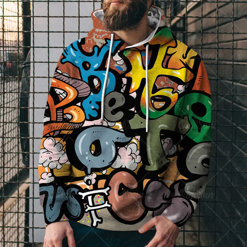 

Graffiti Style Unique Men's 3D Printed Loose Hooded Sigital Printing Sweater